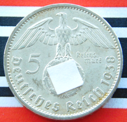 GERMAN 5 REICHSMARK 1938 A SWASTIKA HINDENBURG SILVER COIN 3RD WW2 MARK   UNC