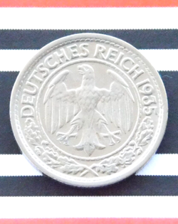 GERMAN 50 REICHSPFENNIG 1935 J NICKEL COIN EAGLE 3RD REICH WW2 PFENNIG + RARE +