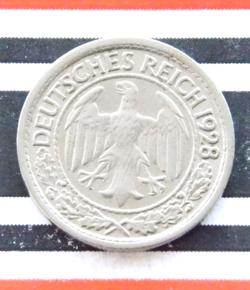 GERMAN 50 REICHSPFENNIG 1928 J NICKEL COIN EAGLE 3RD WEIMAR WW2 PFENNIG + RARE +