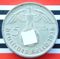 GERMAN 5 REICHSMARK 1936 A SWASTIKA HINDENBURG SILVER COIN 3RD WW2 MARK   UNC