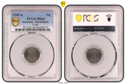 **PCGS MS64** 1 PFENNIG 1945 A SWASTIKA GERMANY THIRD REICH J-369 COIN WW2 PFG