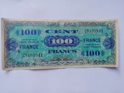 100 FRANCS FRANCE WORLD WAR 2 WWII 1944 MILITARY VOUCHER NOTE MONEY ARMED FORCES