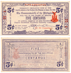 PHILIPPINES S641 5 CENTAVOS NEGROS 1942  BANK NOTE WW2 MONEY SERIAL #75