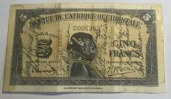 WEST AFRICA 5 FRANCS 1942 WW2 SHORT SNORTER