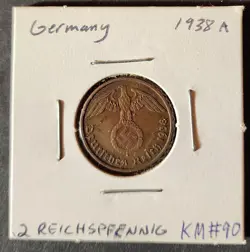 GERMANY 1938 A 2  REICHSPFENNIG   COIN 3RD REICH WW2 PFENNIG RP