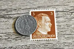 XX-RARE 1943-F WW2 NAZI GERMAN 1 REICHSPFENNIG SWASTIKA COIN & HITLER STAMP LOT