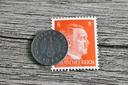 XX-RARE 1942-J WW2 NAZI GERMAN 1 REICHSPFENNIG SWASTIKA COIN & HITLER STAMP LOT