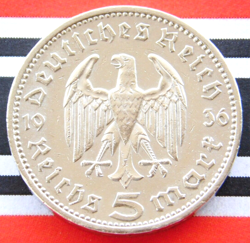 GERMAN 5 REICHSMARK 1936 A EAGLE HINDENBURG SILVER COIN 3RD REICH WW2  NICE MARK