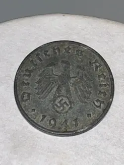 VINTAGE 1941 F, WW2 GERMAN 10 REICHSPFENNIG , DARK WWII ERA CIRCULATED COIN