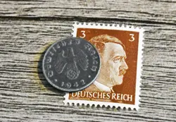XX-RARE 1942-B WW2 NAZI GERMAN 1 REICHSPFENNIG SWASTIKA COIN & HITLER STAMP LOT