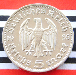 GERMAN 5 REICHSMARK 1935 J EAGLE HINDENBURG SILVER COIN 3RD REICH WW2  RARE MARK