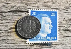 XX-RARE 1942-F WW2 NAZI GERMAN 1 REICHSPFENNIG SWASTIKA COIN & HITLER STAMP LOT