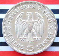 GERMAN 5 REICHSMARK 1936 G EAGLE HINDENBURG SILVER COIN 3RD REICH WW2 +RARE MARK