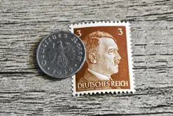XX-RARE 1940-A WW2 NAZI GERMAN 1 REICHSPFENNIG SWASTIKA COIN & HITLER STAMP LOT