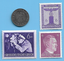 GERMANY WW2 1940 D 1 RPF SWASTIKA COIN & HITLER SWASTIKA STAMP LOT WW2 ERA #60