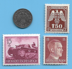 GERMANY WW2 1941 D 1 RPF SWASTIKA COIN & HITLER SWASTIKA STAMP LOT WW2 ERA #60