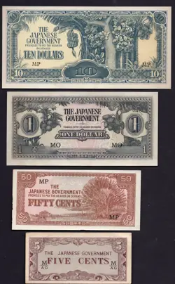 WW2 JAPANESE OCCUPATION BANKNOTES - 1942-44 - 10 & 1 DOLLARS 50 & 5 CENTS