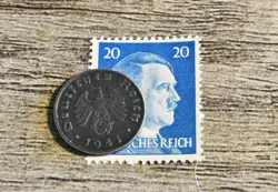 XX-RARE 1941-D WW2 NAZI GERMAN 1 REICHSPFENNIG SWASTIKA COIN & HITLER STAMP LOT