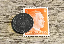 XX-RARE 1944-B WW2 NAZI GERMAN 1 REICHSPFENNIG SWASTIKA COIN & HITLER STAMP LOT