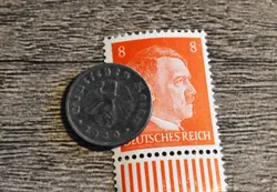 XX-RARE 1940-F WW2 NAZI GERMAN 1 REICHSPFENNIG SWASTIKA COIN & HITLER STAMP LOT