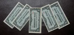 (5) JAPANESE INVASION NOTES FROM WW2, CIRCA 1942,  5 CENTAVOS, SERIES PG, #103A