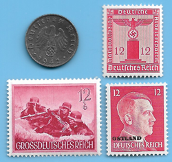 GERMANY WW2 1942 A 5 RPF SWASTIKA COIN & HITLER SWASTIKA STAMP LOT WW2 ERA #62