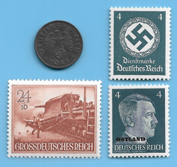 GERMANY WW2 1941 A 1 RPF SWASTIKA COIN & HITLER SWASTIKA STAMP LOT WW2 ERA #62