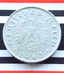 GERMAN COIN 10 REICHSPFENNIG 1943 G ZINC SWASTIKA 3RD REICH WW2 +RARE+ PFENNIG