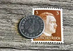 XX-RARE 1942-D WW2 NAZI GERMAN 1 REICHSPFENNIG SWASTIKA COIN & HITLER STAMP LOT