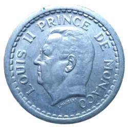 MONACO 1943 COIN 2 FRANCS LOUIS II WW2