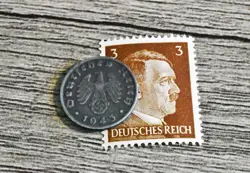 XX-RARE 1943-B WW2 NAZI GERMAN 1 REICHSPFENNIG SWASTIKA COIN & HITLER STAMP LOT