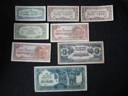 8 USED BANKNOTES WW2 JAPANESE OCCUPATION OF MALAYA, SINGAPORE AND OTHERS