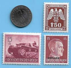 GERMANY WW2 1942 F 5 RPF SWASTIKA COIN & HITLER SWASTIKA STAMP LOT WW2 ERA #70