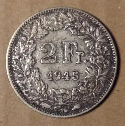 WORLD WAR 2 .835 SILVER COIN LOT OLD 1945 SWITZERLAND 2 FRANCS VF KM21 .2684 ASW