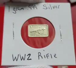 WW2 RIFLE - 1 GRAM .999 FINE PURE SILVER BULLION MINI ART PROOF BAR INGOT