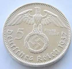 GERMAN COIN 5 REICHSMARK 1937 A SWASTIKA HINDENBURG SILVER 3RD REICH WW2 MARK BU