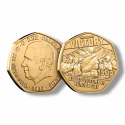 THE VE DAY 80TH ANNIVERSARY GOLD PLATED 50P COIN - WORLD WAR 2 50P