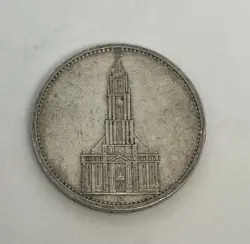 1934 E WW2 GERMAN 5 REICHSMARK COIN, POTSDAM GARRISON CHURCH, SWASTIKA