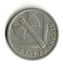 OCCUPIED VICHY FRENCH STATE 1943, WW2 HISTORICAL COIN. 2 FRANCS DOUBLE BIT AXE