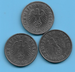 GERMANY 3RD REICH 1940 1941 1942 10 RPF SWASTIKA EAGLE COIN SET LOT WW2 ERA #60