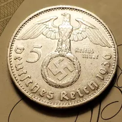 GERMANY 1936 J  5 REICHESMARK  SILVER  COIN 3RD REICH WW2 PFENNIG RP