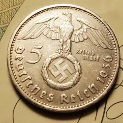 GERMANY 1936 G  5 REICHESMARK  SILVER  COIN 3RD REICH WW2 PFENNIG RP