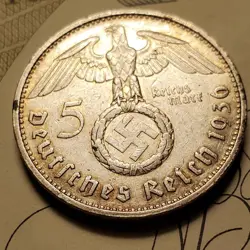 GERMANY 1936 F  5 REICHESMARK  SILVER  COIN 3RD REICH WW2 PFENNIG RP