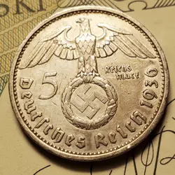 GERMANY 1936 E  5 REICHESMARK  SILVER  COIN 3RD REICH WW2 PFENNIG RP