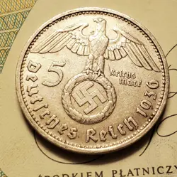 GERMANY 1936 D 5 REICHESMARK  SILVER  COIN 3RD REICH WW2 PFENNIG RP
