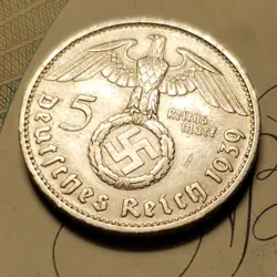 GERMANY 1939 J 5 REICHESMARK  SILVER  COIN 3RD REICH WW2 PFENNIG RP