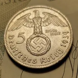 GERMANY 1939 F  5 REICHESMARK  SILVER  COIN 3RD REICH WW2 PFENNIG RP