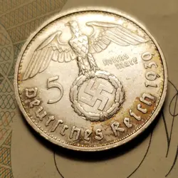 GERMANY 1939 B  5 REICHESMARK  SILVER  COIN 3RD REICH WW2 PFENNIG RP