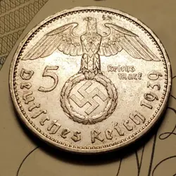GERMANY 1939 A  5 REICHESMARK  SILVER  COIN 3RD REICH WW2 PFENNIG RP
