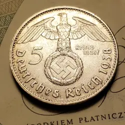 GERMANY 1938 J  5 REICHESMARK  SILVER  COIN 3RD REICH WW2 PFENNIG RP